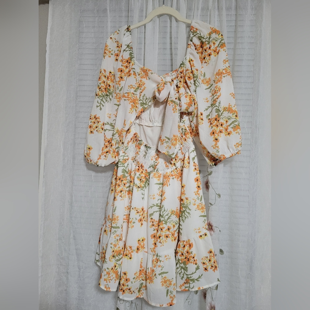 2/$25 Lantern Sleeve Floral Print Tie Back Sun Dress - Picture 4 of 5